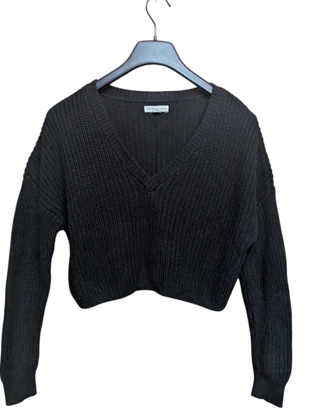 Aeropostale Black V Neck Shaker Knit Cropped Sweater Size Medium